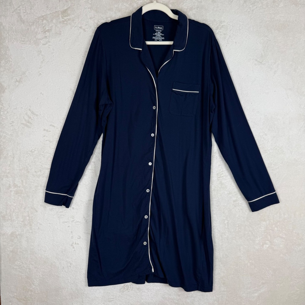 LL Bean Women Navy Blue Shrink Free Organic Cotton Modal Nightshirt Minimalist L